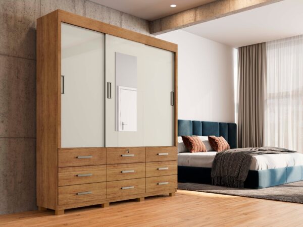 Guarda-Roupa Itapema II 3 portas de correr com espelho 9 gavetas - Cedro/Areia FLEX