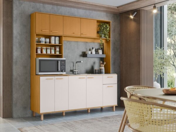 Armário Kit de Cozinha Núria 9 Portas 1 Gaveta - Freijo Ripado/Off white