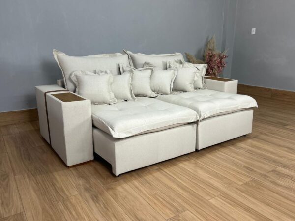 Sofá Cama Retrátil Reclinável Gabriella 2,30m - Bege Linho / Marrom Courino