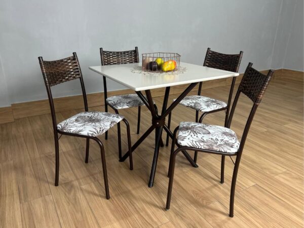 Conjunto Mesa Tubular Macaé Tampo Quadrado Com 4 Cadeiras Ratam  - Marrom/Off White